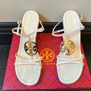 Tory Burch White Sandals with Gold Emblem